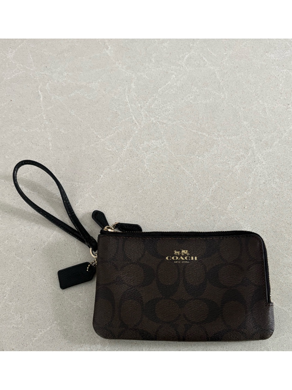 Coach Brown Logo Zip Wristlet with Gold Hardware